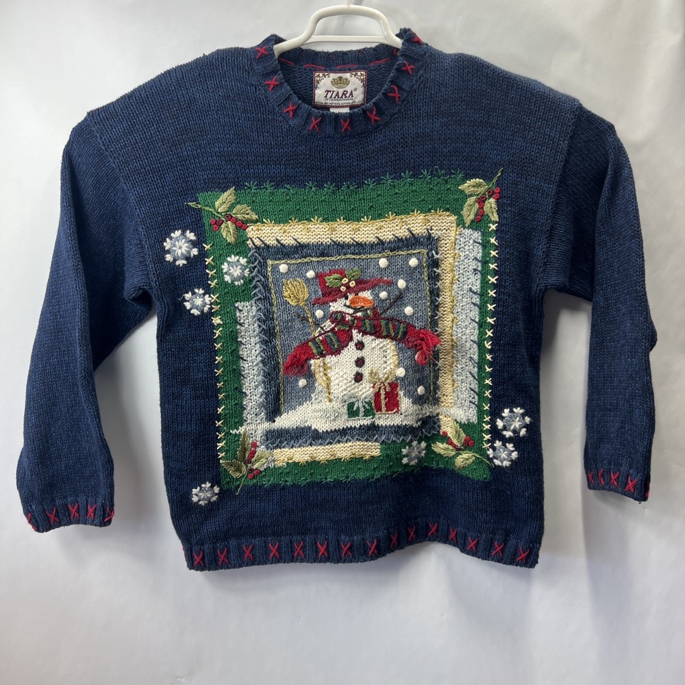 Tiara International Women's Ugly Christmas Sweater Size L Chunky Knit Snowman